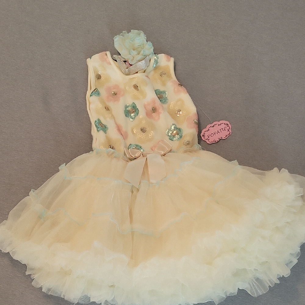 Popatu Dress with Pastel Floral Sequins and Silver Bow Size 4T Toddler/Girls